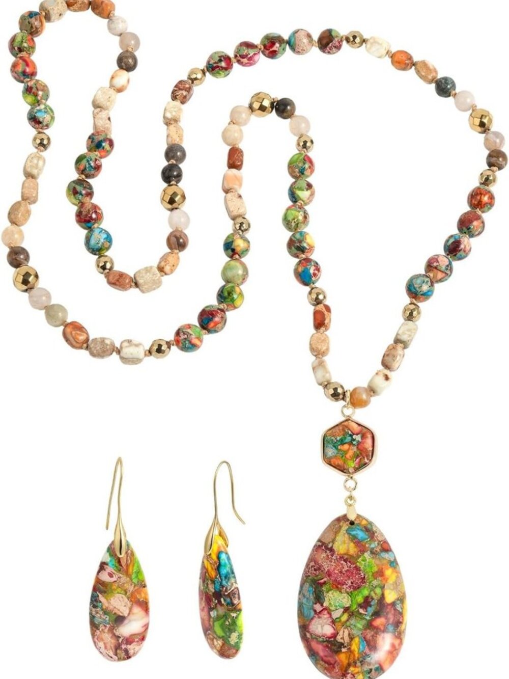Handmade Boho Jewelry Set - Natural Stone Beaded Necklace & Gold Plated Earrings